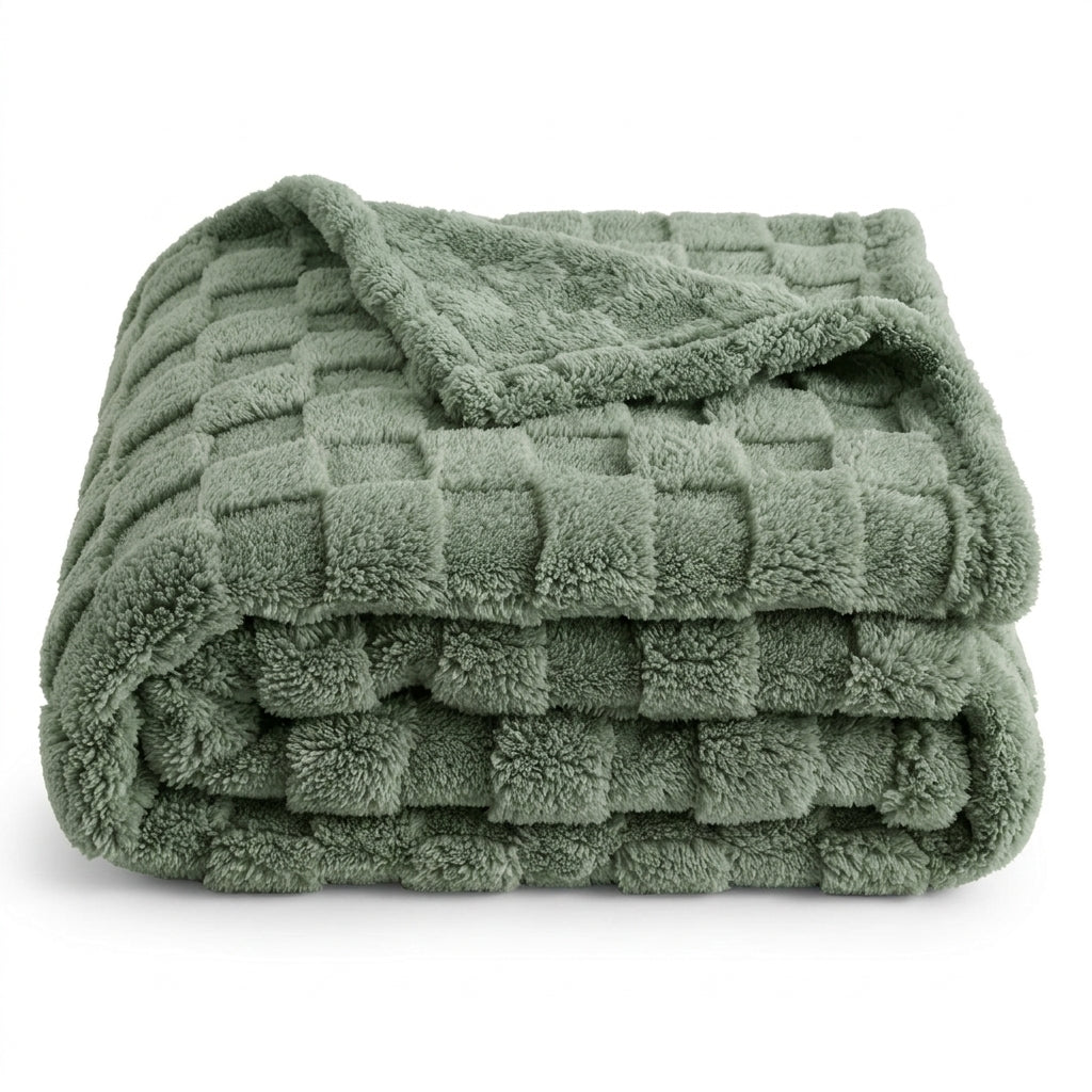 Waffle-Textured Sherpa Blanket – Cozy Sage Green