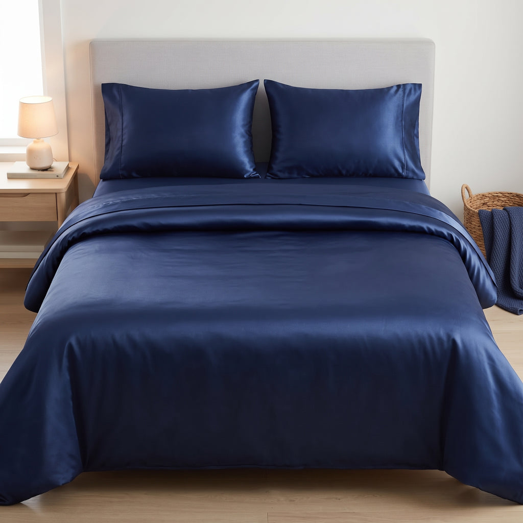Blue Satin Bedsheet Set – Silky Soft, Wrinkle-Resistant