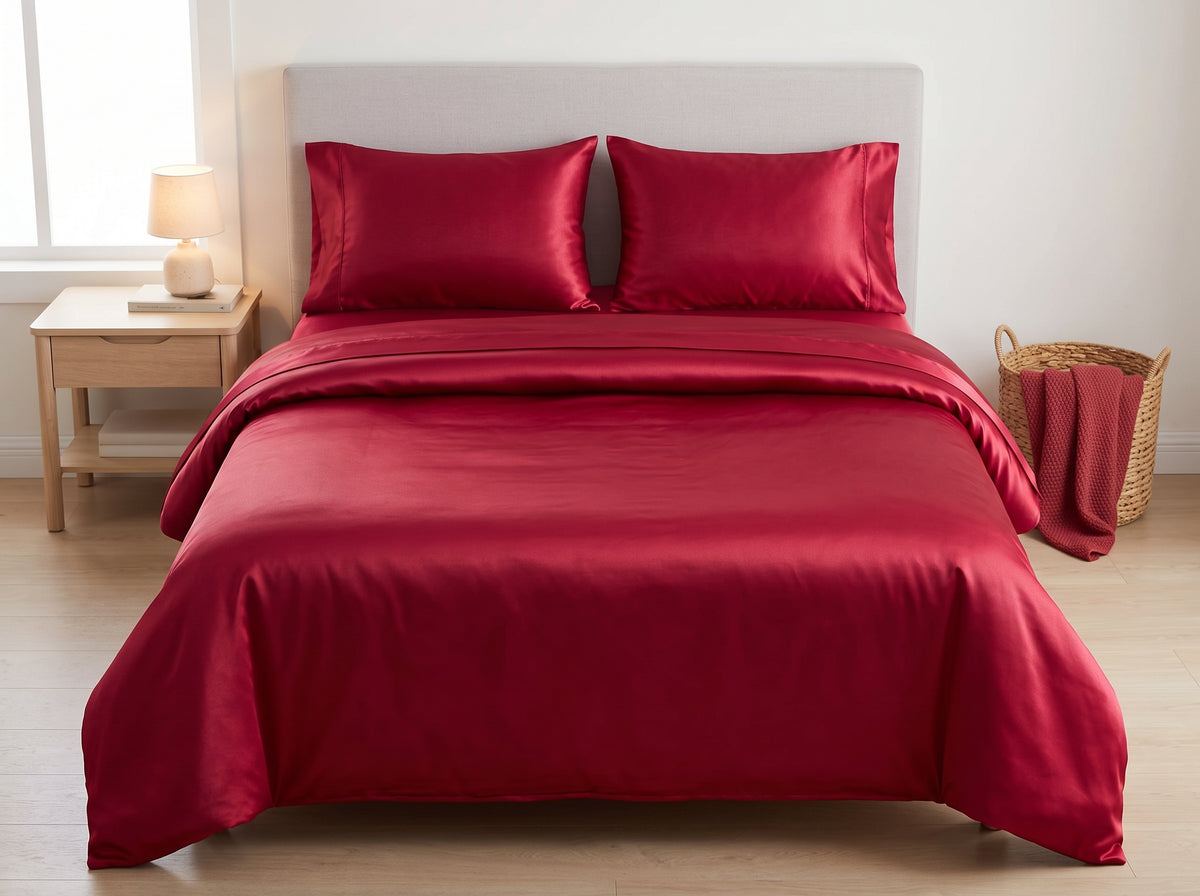 Red Satin Bedsheet Set – Silky Soft, Wrinkle-Resistant